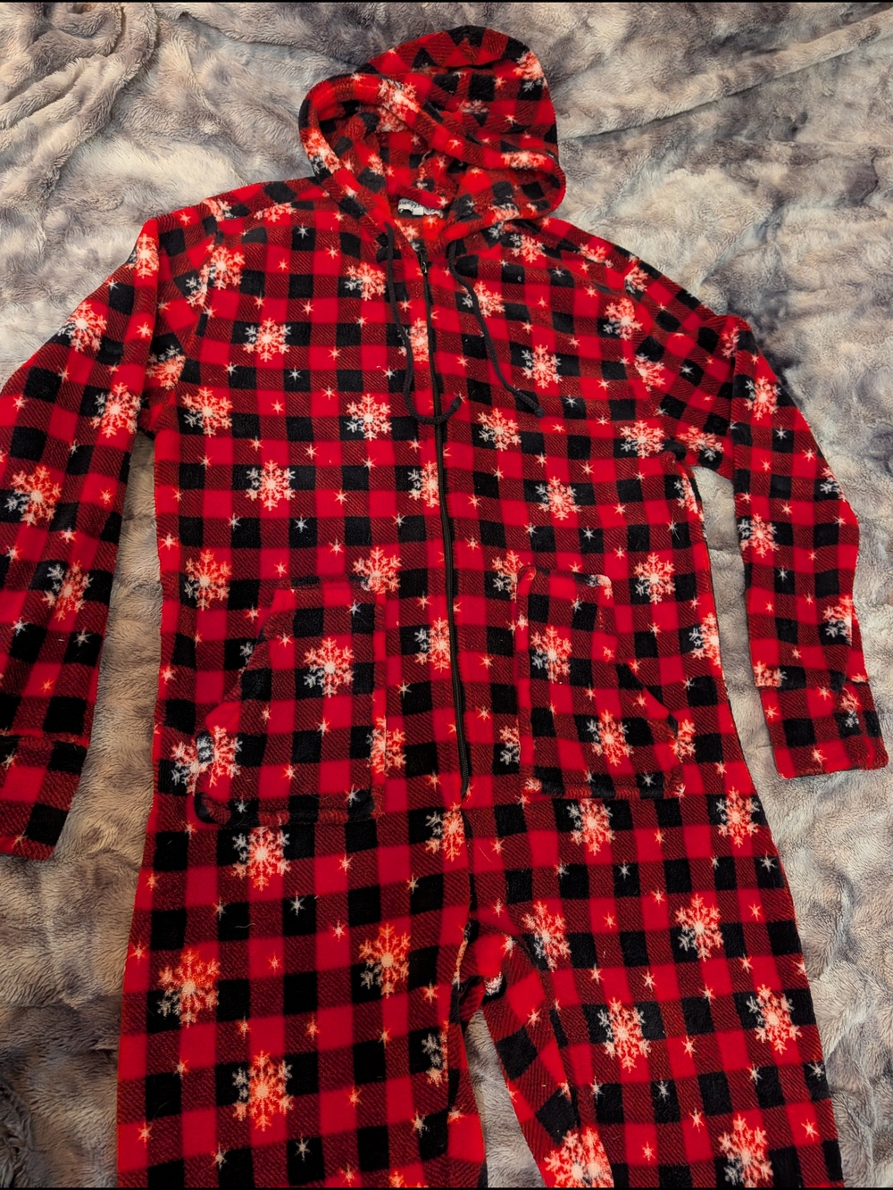Cozy Red Buffalo Plaid Snowflake Hooded Onesie Pajamas